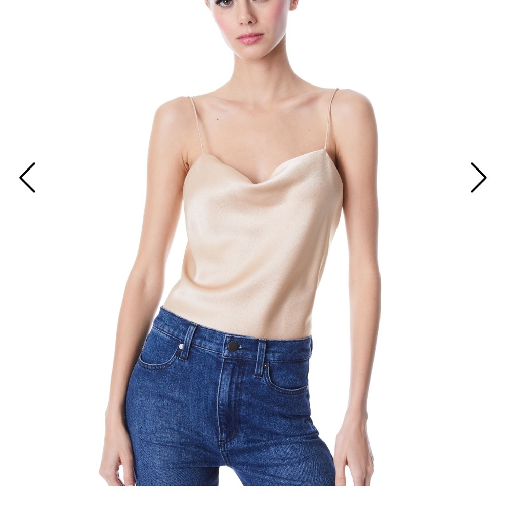 Alice + Olivia Tan Harmon Slip Silk Tank in Almond